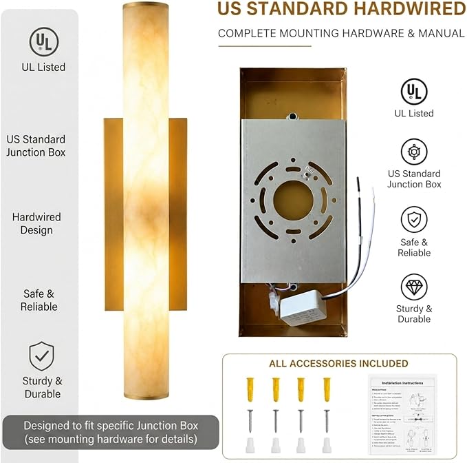 Alabaster Wall Sconces Set, 24in 3-Color Changing Spanish Natural Marble Wall Sconce, Hardwired Brass Gold LED Wall Fixture for Bathroom, Bedroom, Living Room, Hallway, Staircase (1 Pack)