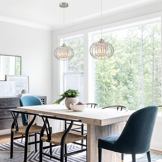 Brushed Nickel Pendant Light Fixtures, Modern Crystal Hanging Ceiling Light, Farmhouse Small Chandeliers, Metal Cage Pendant Lighting, Adjustable Pendant Lights Kitchen Island, Hallway