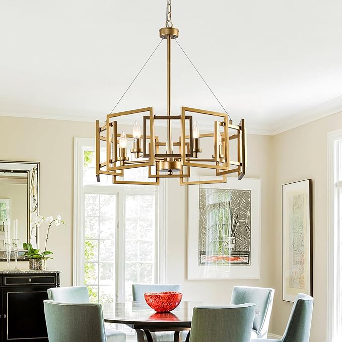 ZGLAOJT Modern Chandelier Gold Geometric Pendant Lighting Fixture 5-Light Metal Farmhouse Chandelier for Dining Room Living Room entryway Kitchen Bedroom Island