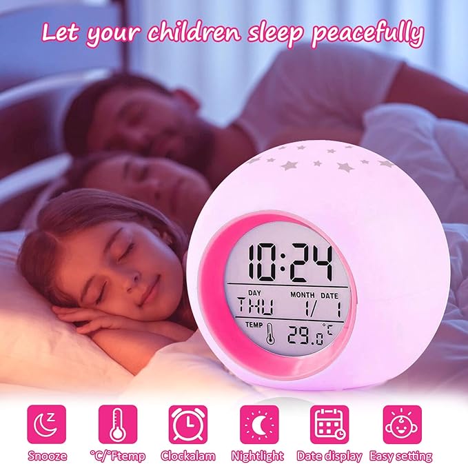 Tarklanda Kids Alarm Clock,Moon Stars Projector Alarm Clock,7 Color Changing Night Light,Snooze Touch Control Temperature for Kids’ Bedroom, Digital Clock for Girls Boys Children