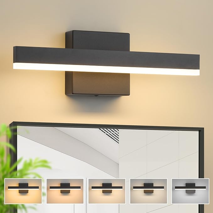 Black Bathroom Vanity Light Fixture 15.7'' 20W Dimmable 5CCT LED Hardwired | Bathroom Light Fixture Over Mirror, Bathroom Wall Sconce, Rust-resistant, ETL Certificated, 2700K/3000K/3500K/4000K/5000K