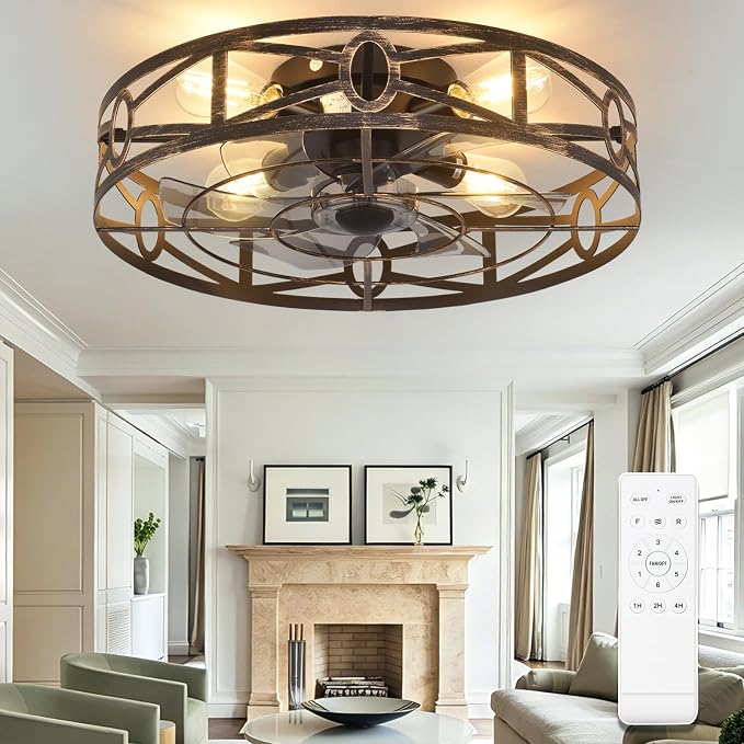 Depuley Flush Mount Ceiling Fan: 20" Caged Ceiling Fans with Remote Control for Patio Kitchen Bedroom - Low Profile Fandelier Lights Fixture Reversible 6 Speed Timer Brone 4*E26 Bulb Not Included
