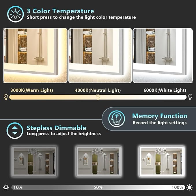 55x40 Inch Brushed Nickel LED Bathroom Mirror, Backlit & Front Lit | Silver Framed Anti-Fog Lighted Vanity Mirror with Lights, 3 Color Dimmable, Memory, HD Tempered Glass, CRI95, IP54, UL Listed