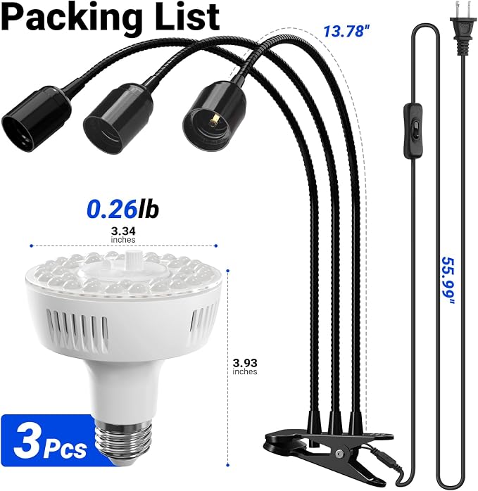 Barrina Orbgrow OG11A3 Clip On Grow Light for Indoor Plants, 5000K 33W | Integrated Stepless Dimming & Timing, Full Spectrum, High PPFD, 3 Goosenecks with E26 Plant Light Bulbs