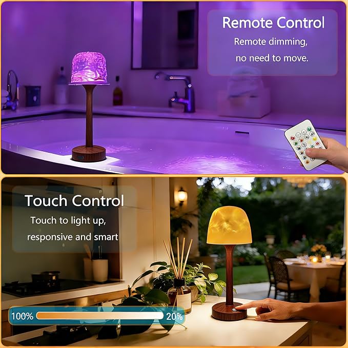 Waterproof Bathroom Lamp with 16 Color Ocean Wave Projector, Rechargeable Shower Light with Touch & Remote Control, Cordless Light for Inside Shower/Bathtub (Peachwood Color)