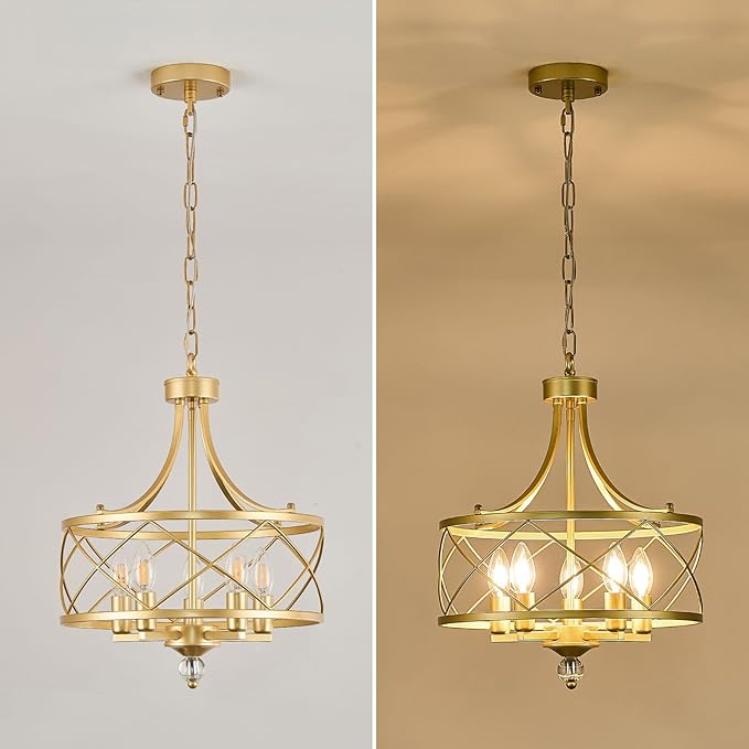 5-Light Round Chandelier,15.2in Gold Farmhouse Lantern Pendant Light Fixture,Adjustable Hanging Ceiling Lamp,for Kitchen Island,Bedroom,Entryway,Dining Room
