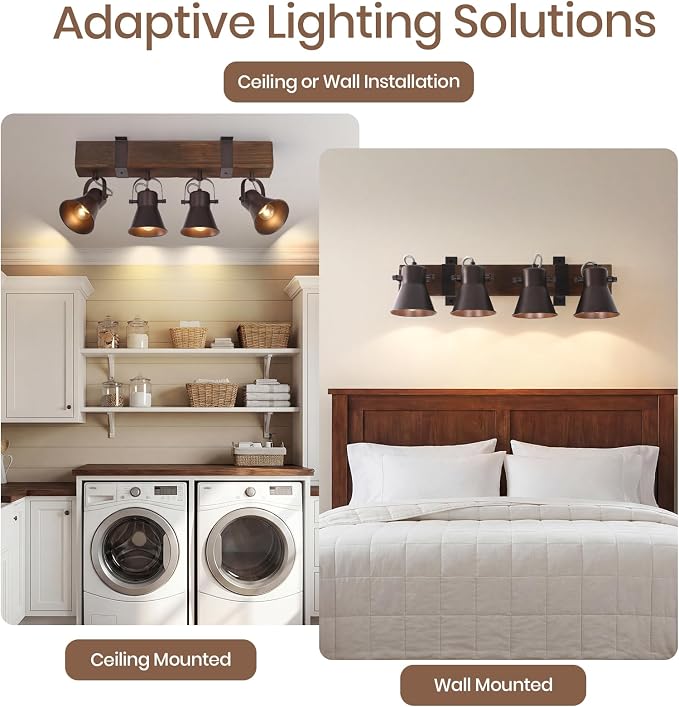 4 Light Semi Flush Mount Ceiling Light, Farmhouse Wooden Track Lighting Fixtures Ceiling, Rustic Kitchen Lights Ceiling for Island Dining Room Living Room.