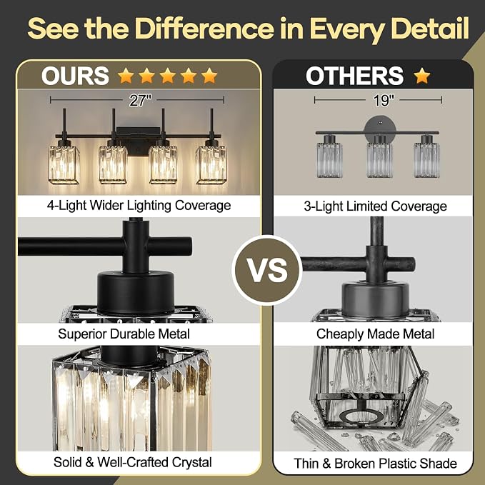 Torondo Modern Crystal Bathroom Vanity Light 4-Lights Matte Black Bathroom Light Fixtures Over Mirror Matte Black Vanity Lighting Fixtures Square Shade Brass Wall Sconce (Bulbs Not Include)