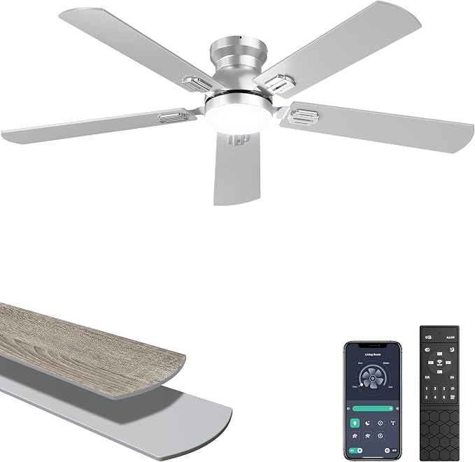 Ohniyou 52'' Silver Low Profile Ceiling Fan with Lights, Remote/APP Control | Flush Mount, Dimmable 3CCT LED, Quiet Reversible DC Motor; Memory Function, 5475 CFM, for Bedroom Living Room Kitchen
