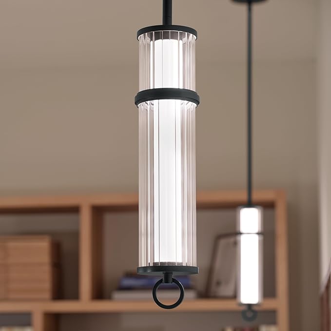 Kichler Riven LED 1-Light Pendant with Clear Fluted Glass in Black, Sloped Ceiling Compatible, for Kitchen or Dining Room (15.5" x 5"), 52755BKLED