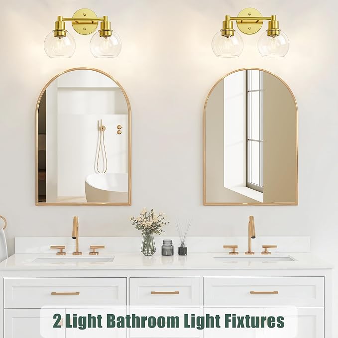 2 Light Bathroom Light Fixtures, Brushed Brass Bathroom Vanity Lights, Modern Vanity Lights 2-Light Globe Bathroom Vanity Lighting Fixture Over Mirror