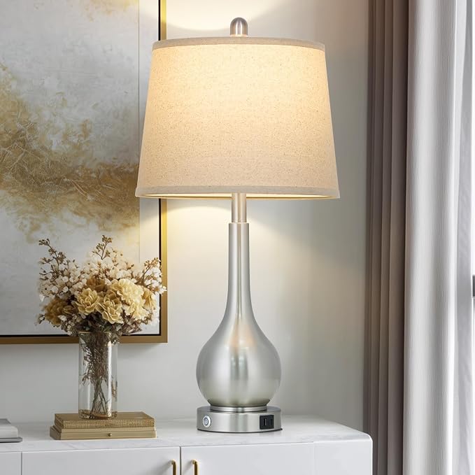26" Silver Table Lamp for Bedroom, Touch Control Bedside Lamp for Nightstand with Charging Port, 3-Way Dimmable End Table Lamp for Living Room (1 Pack)