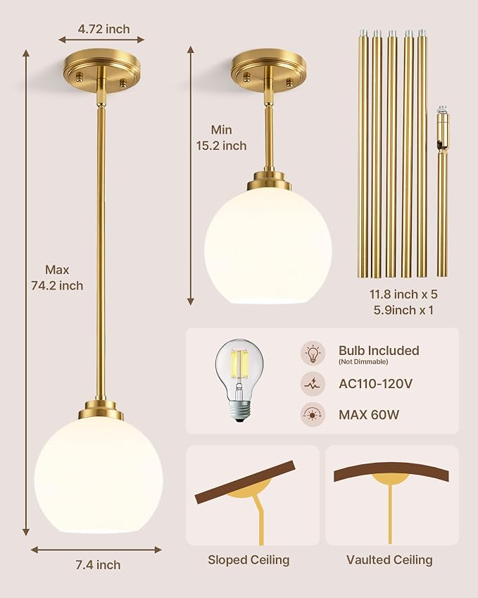 Majade 7.4" Globe Pendant Lights Mid Century Modern Kitchen Island Pendant Light Fixtures 2 Pack Gold Brass Pendant Lighting with Milk Glass Adjustable Hanging Light Fixtures for Dining Room