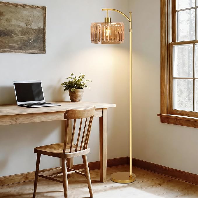 ILLMTW Glass Floor Lamp for Living Room,Bedroom,Gold Mid Century Modern Standing Lamp with Remote,Dimmable Brass Tall Lamp Amber Flower Lamp Vintage Floor Lamps Arc Floor Light Boho Bohemian