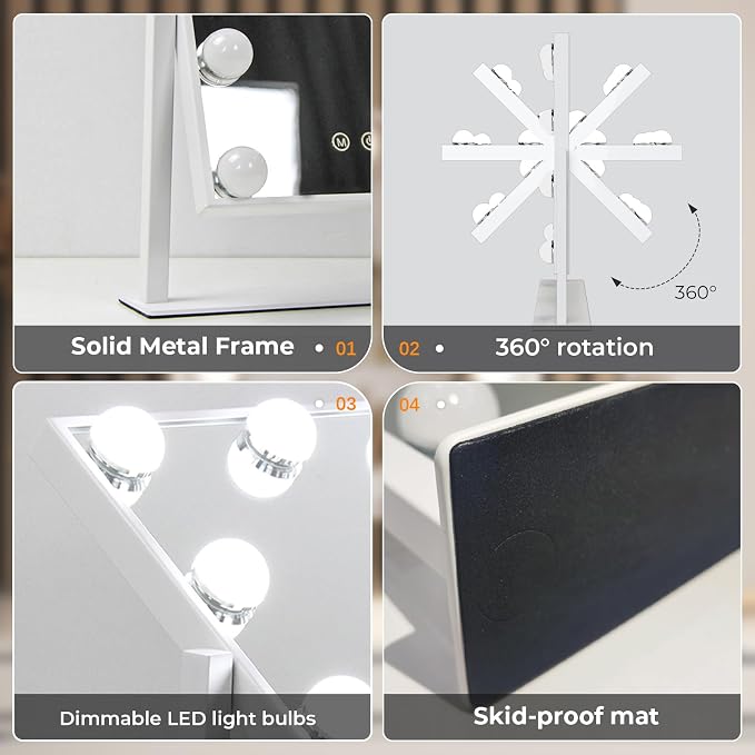 ZL ZELing Vanity Mirror with Lights,Makeup Mirror with Lights,Light up Mirrors with Smart Touch 3 Colors Dimmable,Mirror with Lights with 360° Rotation