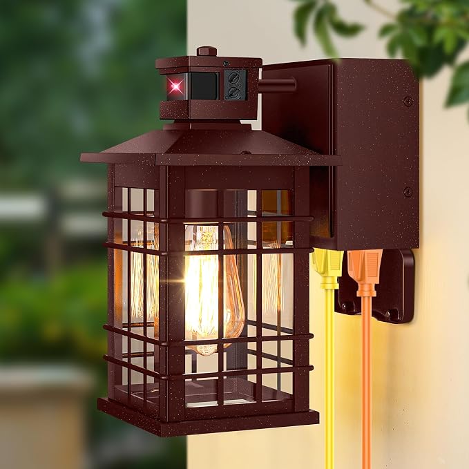 Porch Light with GFCI Outlets, Brown Motion Sensor Dusk to Dawn Outdoor Wall Light Fixture, Waterproof Outside Wall Lantern Sconce 3 Lighting Modes, Exterior Wall Light for Patio Garage Front Door