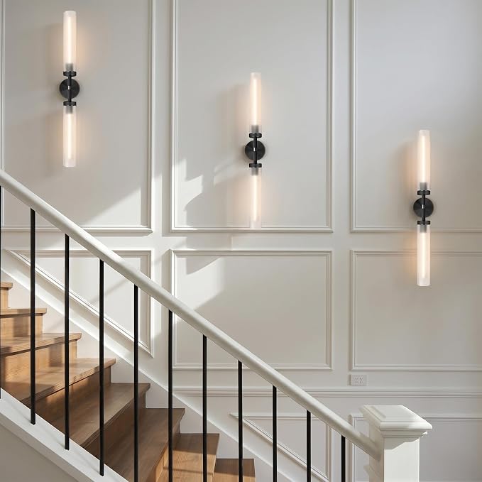 2Pc 30" Knurled Black 2 Light Wall Sconces, Long Modern Hardwired Bathroom Vanity Light, Frosted Glass Tube Linear Modern Wall Light Fixtures, for Mirror, Bedroom, Living Room, Hallway