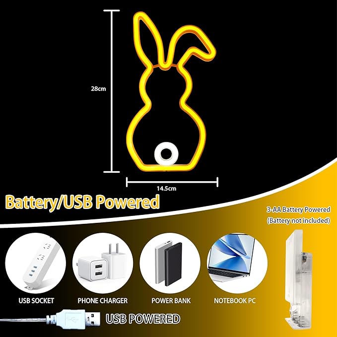 ENUOLI Novelty Rabbit Neon Sign Art Wall Lights for Business Bunny Neon Light Bar Club Bedroom USB Powered for Bedroom Children's Room Rabbit Decoration Easter Gifts For Kids Wedding Birthday Party