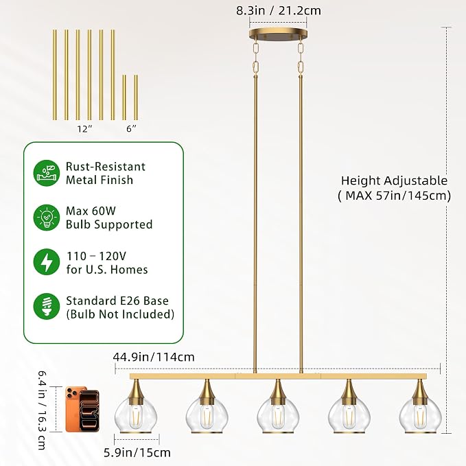 Kitchen Island Linear Pendant Light, 5-Light Gold Dining Room Chandelier with Clear Glass Globe Shades, Modern Linear Lighting Fixture Over Table