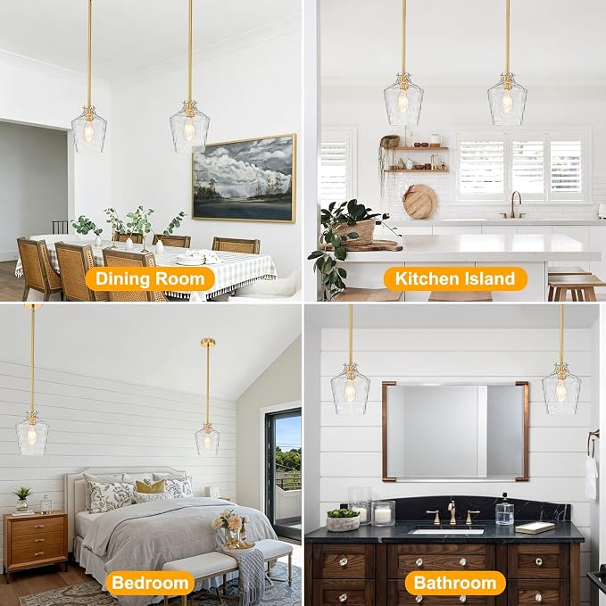 foucasal Modern Hammered Glass Pendant Lighting for Kitchen Island, Adjustable Height Rods Hanging Light with Ceramic E26 Light Socket for Dining Room Foyer Bedroom Bathroom Gold