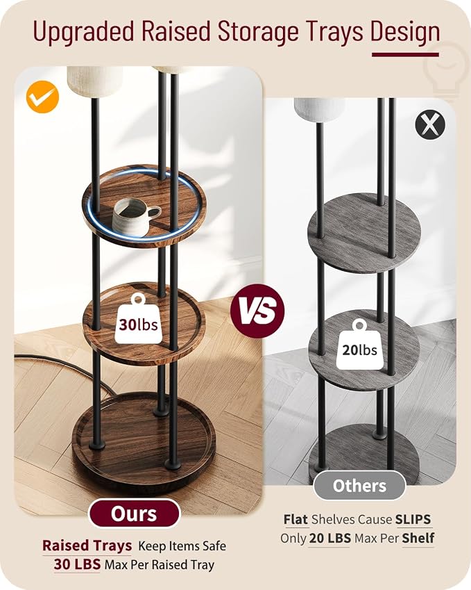 Floor Lamp with Shelves, 3-Light Floor Lamps for Living Room, Modern Standing Lamp with Linen Shades and Foot Switch, 66.1'' Tall Corner Lamp for Bedroom, Office, E26 Base, Walnut and Beige