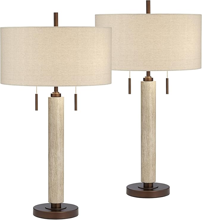 Franklin Iron Works Hugo 28 1/2" Tall Mid Century Modern Natural Cottage End Table Lamps Set of 2 USB Port Pull Chain White-Washed Wood Finish Oatmeal Shade Living Room Charging Bedroom Bedside