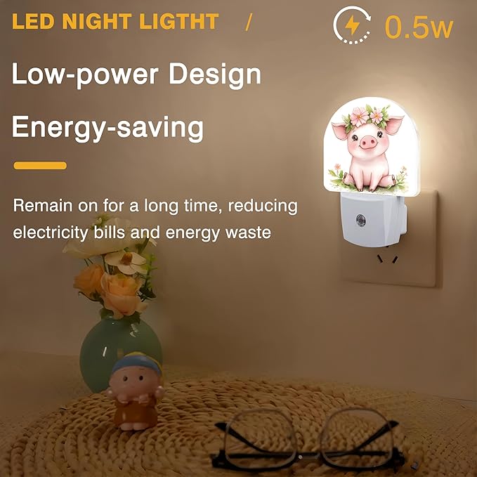 Night Lights Plug into Wall Cute Pig with Flower Crown Night Light Dusk to Dawn Smart Sensor Decorative Round Led Lamp for Bedroom Kitchen Hallway Nightlight for Women Men