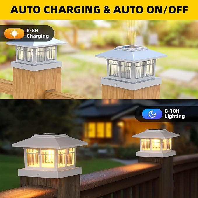 EXCMARK 2 Pack 4x4 Solar Post Cap Lights Fence Deck Post Lights Outdoor Solar Powered Waterproof with Two Light Modes Warm&Cool White for Garden Patio Decor. (Classic White,2)