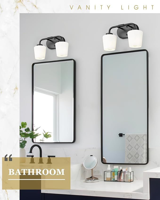 2-Light Black Bathroom Light Fixtures Over Mirror | Vanity Lighting Fixtures with Milk White Glass, Vintage Farmhouse Wall Sconces Lighting, AD-22004-2W-BK