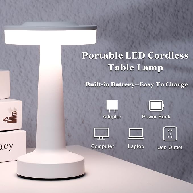 Riakrum 1 Pcs White LED Portable Cordless Table Lamp Bulk with Touch Sensor 3 Color Stepless Dimming Rechargeable Battery up to 15 Hours Cordless Table Light Wireless Lamp Wedding Home