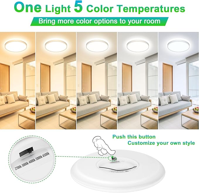 12 Inch 3200LM Dimmable LED Flush Mount Ceiling Lights, 2-Pack 24W Ceiling Light Fixtures, 2700K/3000K/4000K/5000K/6500K 5 Color in One, Ultra Thin White Round Lamps for Kitchen, Bedroom, Hallway