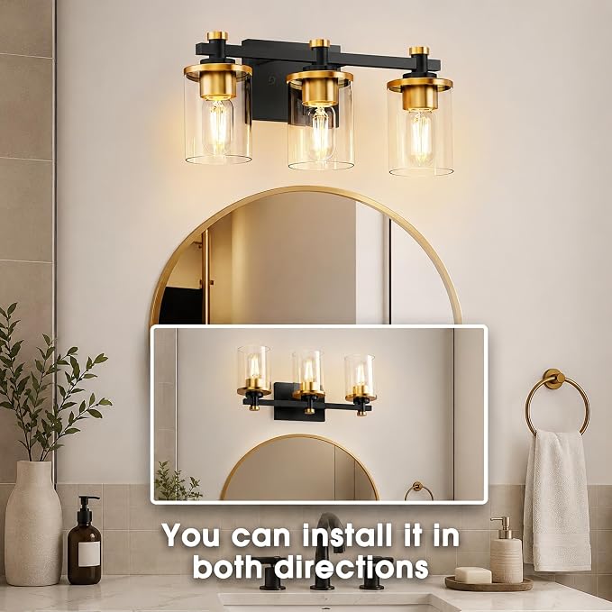 Bathroom Light Fixture, Bathroom Vanity Light Over Mirror, 3-Lights | Vanity Lights for Bathroom, Modern Lighting Fixtures with Clear Glass Shade, Black and Gold Vanity Lights, ETL Listed