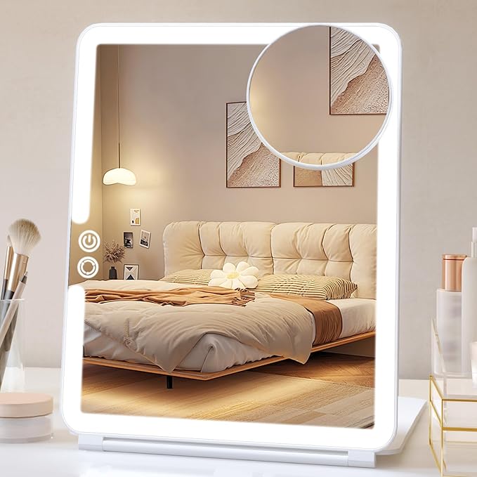 FUNTOUCH 2500mAh Rechargeable Large Travel Makeup Mirror with Lights | 10x7.5 Portable Lighted Makeup Mirror with 3 Color Lights, Dimming Folding Light Up Travel Mirrors with 10X Magnifying Mirror