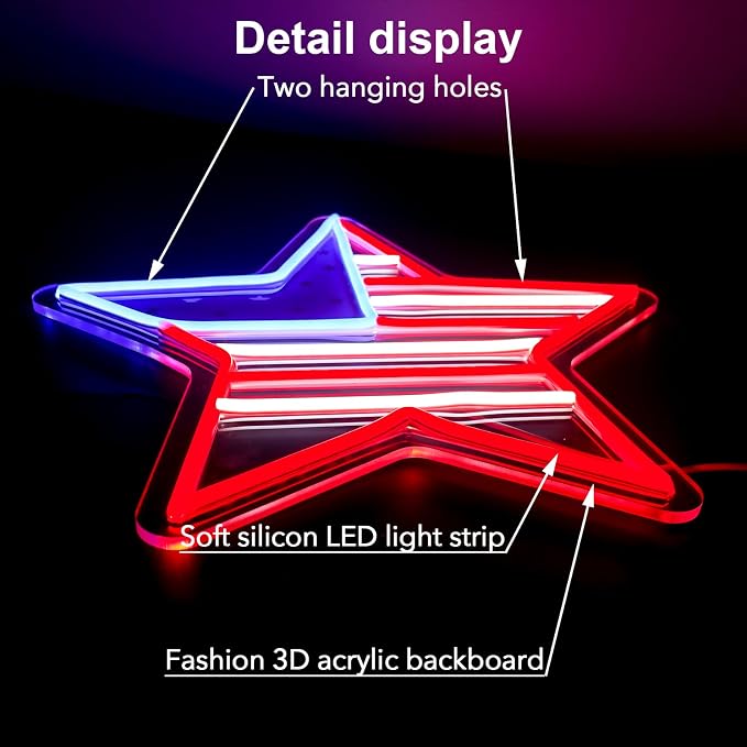 American Flag Star Neon Sign, 4th of July LED Decor | Dimmable Patriotic LED Light, USB Powered, 4th of July Decor, Includes Chain & Hooks, Red White Blue