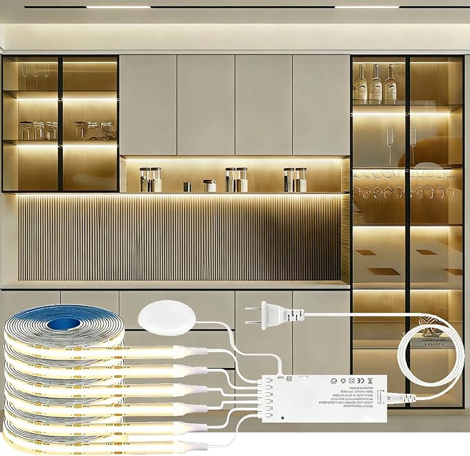 LED Shelf Light 12V,6.56Ft 6-in-1Dimmable Cuttable COB LED Strip Lights,with 60W Adpter Cabinet Light 4000K for Bookshelf, Display Cabinet, Closet, Kitchen and Pantry
