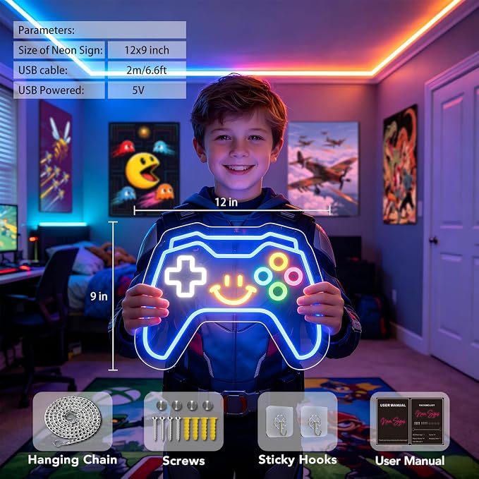 Gaming Neon Signs Controller LED Sign with Remote for Gamer Room Decor, Gamepad Shaped LED Neon Sign for Son Gamer Lovers Gifts, Game Neon Light Smile Face for Basement Bedroom Boys Man Cave Kids Teen