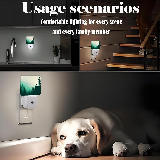 Misty Forests Night Light,Deer and Mountains Plug Into Wall with Dusk to Dawn Light Sensors,Warm Nightlights for Bedroom,Bathroom,Hallway,Kitchen,Gifts Ideal for Boys Girls Women Men
