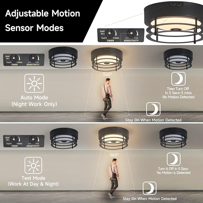 Yisuro Outdoor Ceiling Light with Motion Sensor, Dusk to Dawn Flush Mount Ceiling Light, LED Light, Adjustable Timer & Sensitivity, Exterior Porch Light Fixture for Front Door, Patio, Garage, Black