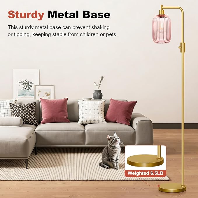 【Upgraded】 Dimmable Floor Lamp for Living Room with Pink Ribbed Glass Lampshade, Gold Modern Floor Lamp with 900LM LED Bulb Included, Arc Standing Tall Lamp for Bedroom, Office, Reading Room, Corner