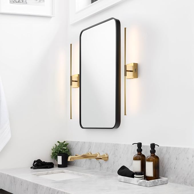 JONATHAN Y Makena 28" 1-Light LED Wall Sconce, Brass Gold, Set of 2 | Dimmable, Modern, Integrated 12W, Hardwired, Sleek Metal, Ambient, Bathroom Mirror, Bedroom, Hallway, Vanity Mount