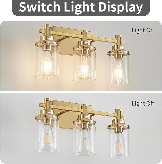 3 Light Gold Bathroom Vanity Light Over Mirror, Brushed Brass Vanity Light Fixture Modern Bath Wall Sconce Lighting Wall Mount Light Over Mirror for Vanity Table, Mirror, Bathroom
