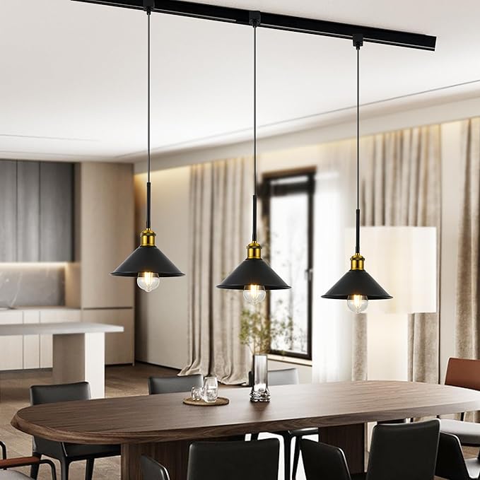 H Type Track Pendant Lighting Black Industrial Ceiling Track Hanging Light Fixtures Pendant, Compatible with H Type Track Lighting Rail, E26 Socket,3 Pack (Bulbs Not Included)