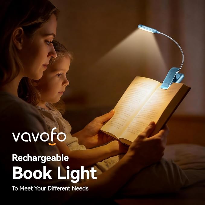 VAVOFO Rechargeable Reading Light, 7 LEDs with 9 Color Temperature 9 Brightness Levels Clip On Book Light for Reading in Bed with Power Indicator for Bookworms (Silver Blue)
