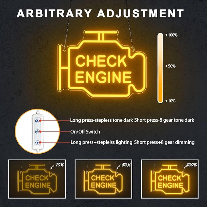 Check Engine Neon Signs for Wall Decor, Garage Led Neon Light Sign for Man Cave Decor, Funny Gifts for Dad & Car Guys, Mechanics, Auto Repair Shop, Workshop, Garage Decor, USB Powered