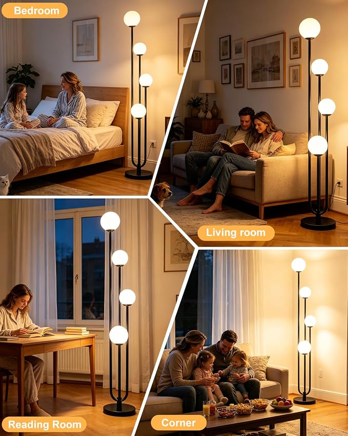 63IN 4-Light Dimmable Floor Lamp, Unique Black Tall Standing Lamps with Globe Shade &3000K Bulbs for Reading, Mid Century Modern Floor Lamp with 5Lbs Heavy Base for Living Room Bedroom Office
