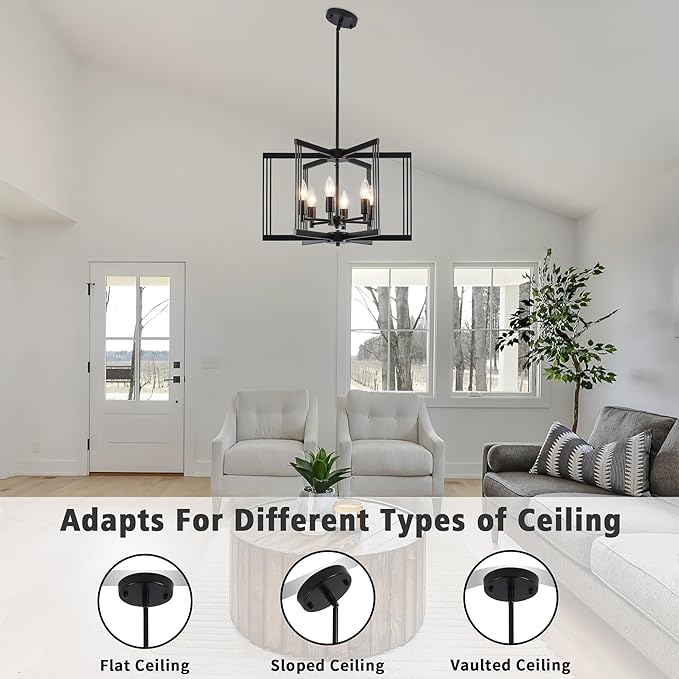 LASENCHOO Modern Black Chandelier for Dining Room Light Fixture, 6 Lights Geometric Pendant Lights Kitchen Island, Industrial Metal Chandeliers for Entryway Kitchen Living Room Foyer Lighting Fixtures