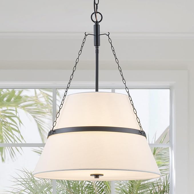 20" Black Drum Chandelier for Dining Room, White Linen Shade Pendant Light | Modern Transitional, Large Fabric Drum Design, 4-Light, 3 Side Chains, for Kitchen Island,Adjustable Height,19.69"W × 26.38"H