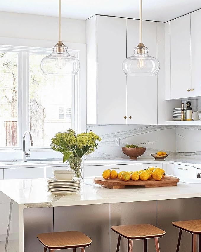 Kira Home Harlow 9" Modern Schoolhouse Pendant Light for Ktichen Island | Clear Glass Shades, Industrial Farmhouse Gold Hanging Fixture, Premium Cool Brass Finish