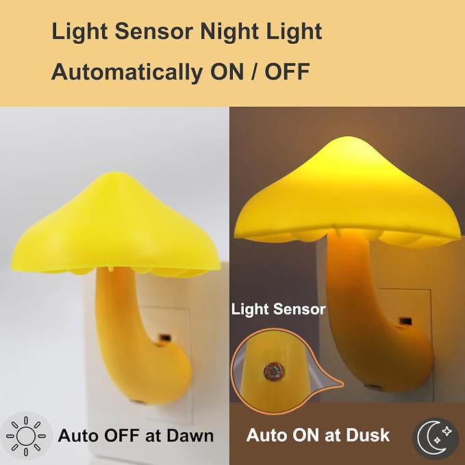 LED Mushroom Night Light Plug in Lamp, Light Sensor Night Lights Plug into Wall, Dusk to Dawn Sensor Night Light for Adults Kids Room Bedroom Bathroom Hallway Kitchen (1, Yellow)