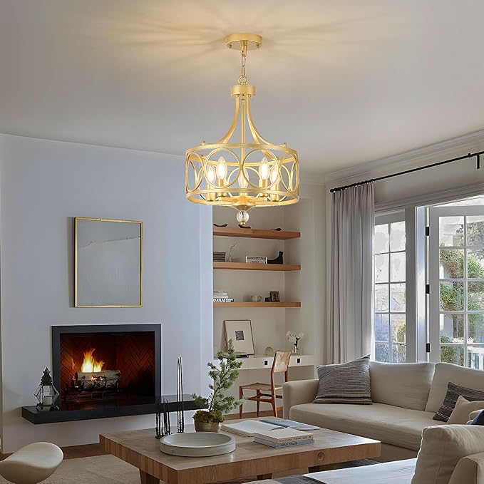 5-Light Gold Chandelier,14.2in Farmhouse Lantern Pendant Light Fixture,Adjustable Hanging Ceiling Lighting with E12 Socket,for Kitchen Island,Bedroom,Entryway,Dining Room